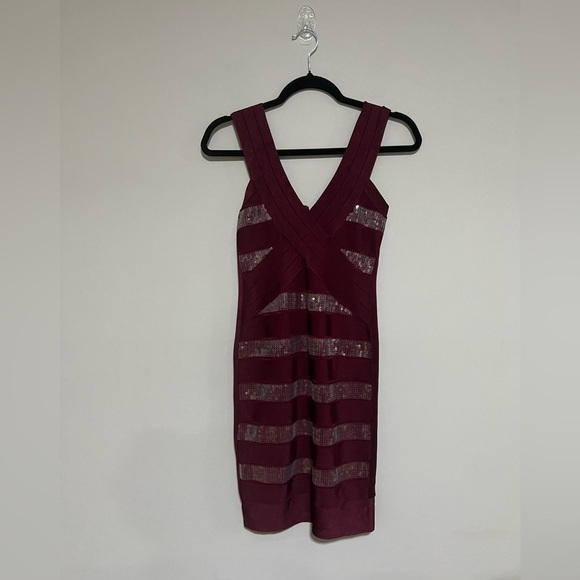 French Connection Burgundy Sequined Bodycon Bandage Dress Size 6 - Picture 1 of 6